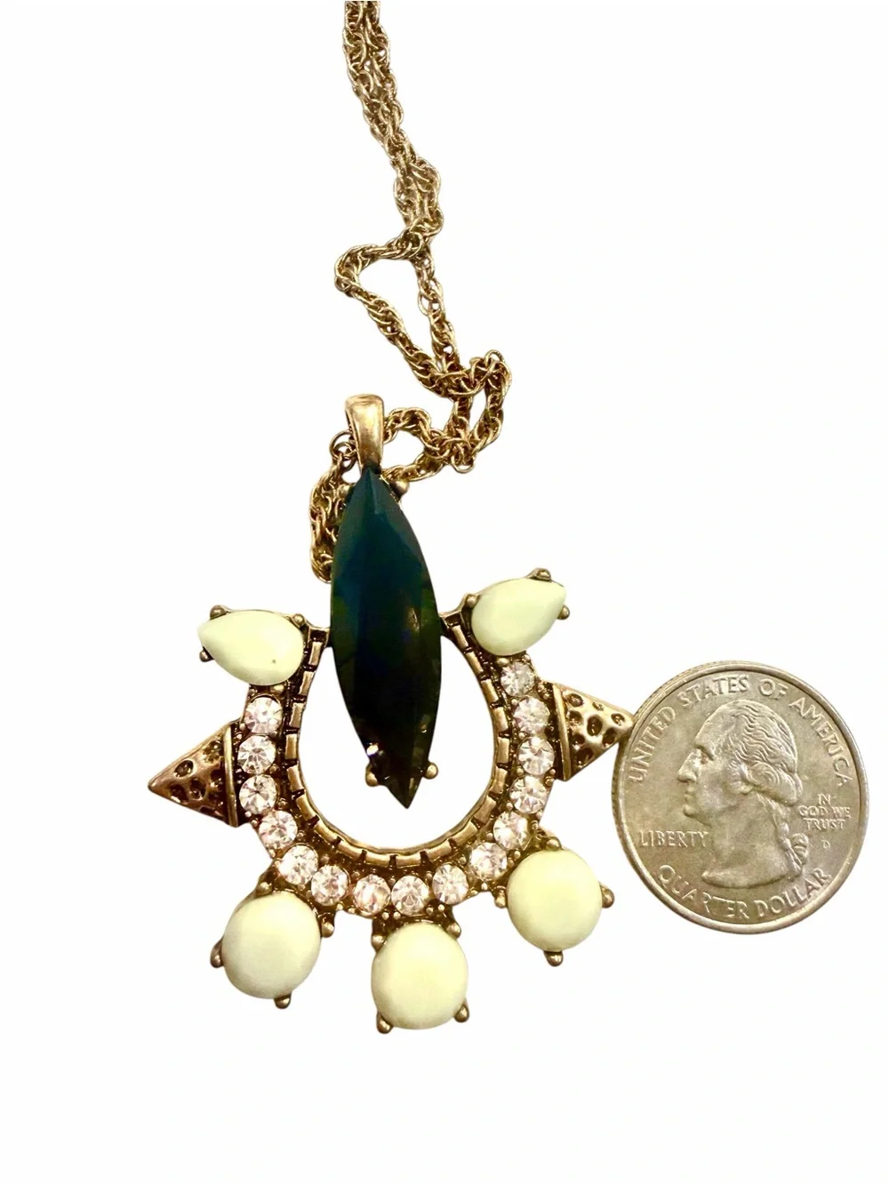 Authentic Signed J.Crew Horseshoe Statement Necklace Gold Green Navy Crystal